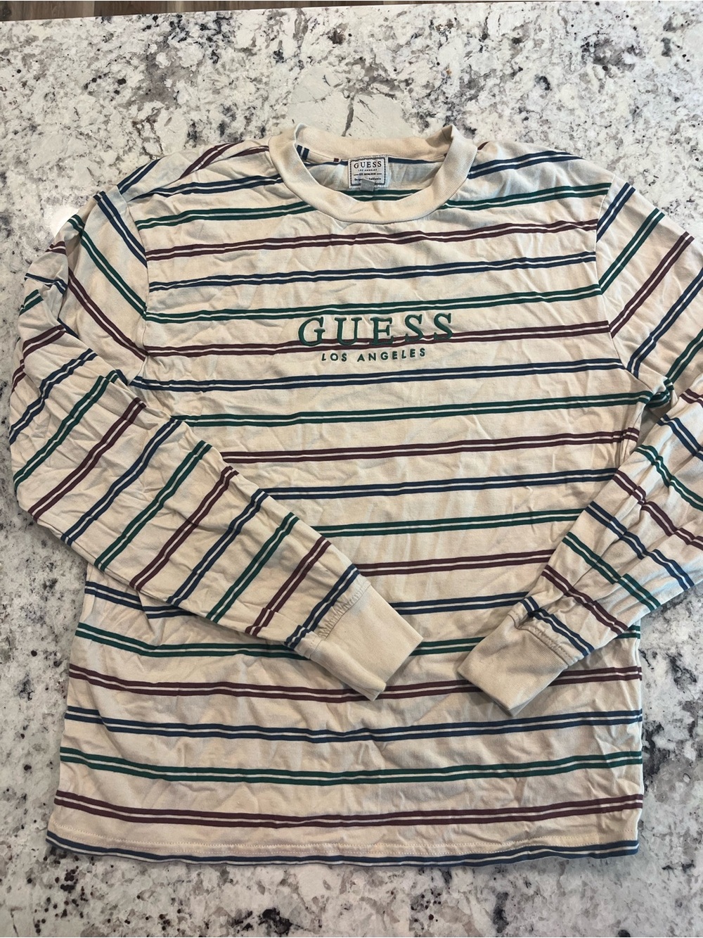 GUESS Cream Long-Sleeve Striped Tee with Green and Navy Logo